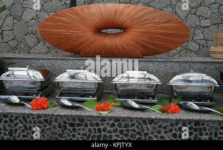 Five Star Hotel Domaine de L'Orangeraie dining hall buffet section, la digue seychelles Stock Photo