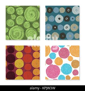 Four simple backgrounds. Seamless patterns. Colorful dots and circles. Plain abstract textures. For decoration, wallpaper or pattern fills. Stock Vector