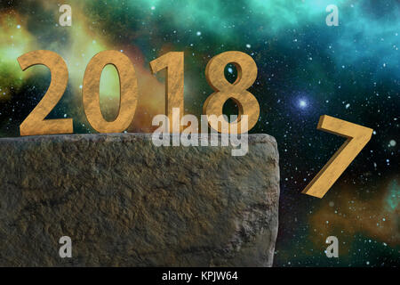 3D rendered image of golden 2018 New Year date standing on the verge of rock with digit seven falling - shot down over starry night sky Stock Photo
