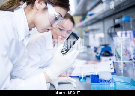 Laboratory assistants using pipette with digital display. Stock Photo