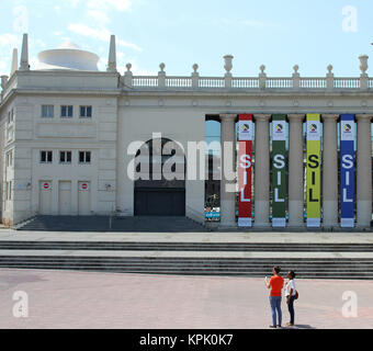 Right side of University columns flanking thew Venetian Towers in the Placa Espanya Square, Catalonia, Barcelona, Spain. Stock Photo