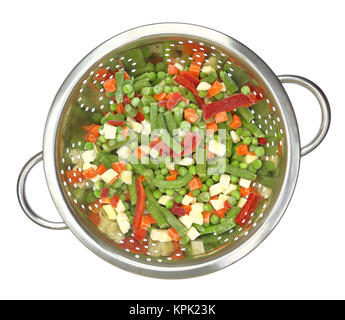 Colander with frozen mixed vegetables isolated on white Stock Photo