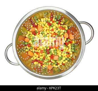 Colander with frozen mixed vegetables isolated on white Stock Photo