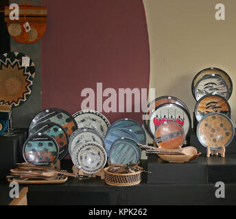 Wooden carved kitchen utensils on display, Kingdom of Swaziland. Stock Photo