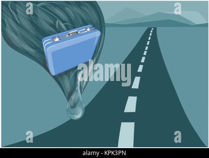 suitcase and road.  illustration of suitcase against blue background Stock Vector