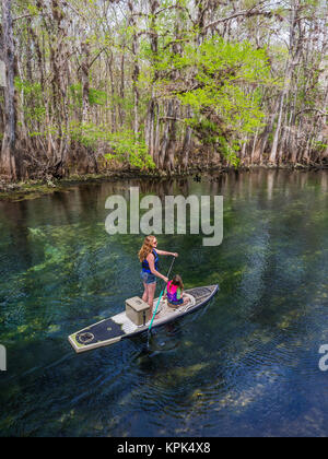 A mother and daughter paddleboard down the stream of freshwater spring; Chiefland, Florida, United States of America Stock Photo