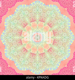 Geometric seamless background. Floral circle ornament in pink, violet, purple, blue and pale green shades. Delicate, ornate and dreamy abstract blossom. Stock Photo