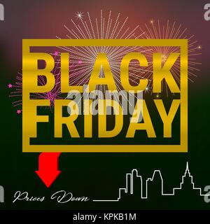 Black Friday Golden Frame on a Dark Background. Firework in the Sky. Red Down Arrow. Big City Skyline Stock Vector