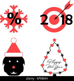 Vector Symbols of the Upcoming 2018 Year of the Dog: Snowflake, Target, Dog, Decorated Christmas Tree. Vector Christmas Icon Set Stock Vector