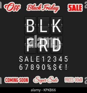 Black Friday Coming Soon. Analog Flip Clock Letters, Numbers and Signs. A Set of Labels Black Friday Related in Different Fonts. Vector Illustration Stock Vector