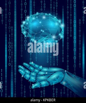 Robot android hand hold human brain. Low poly polygonal particle point line geometric render. Mental education creative idea future mind technology concept blue binary code vector illustration Stock Vector