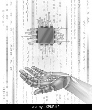 Robot android hand hold processor cpu. Low poly polygonal particle point line geometric render. Computer high science microchip future technology analysis concept white binary code vector illustration Stock Vector