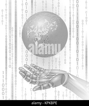 Robot android hand hold planet Earth. Low poly polygonal particle point line geometric shape. Globalization international save ecology future technology concept white binary code vector illustration Stock Vector