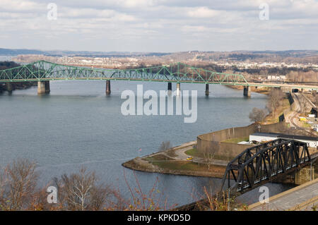 USA, WV, Parkersburg. View from Fort Boreman Historic Park of confluence of Ohio and Little Kanawha Rivers, Point Park, Parkersburg-Belpre Bridge, Parkersburg. Stock Photo