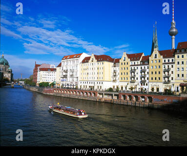 Pleasure boat on the River Spree, Nikolai Quarter, Berlin Stock Photo