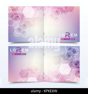 Business templates square brochure, magazine, leaflet , flyer, cover, booklet, annual report. Scientific concept for medical, technology, chemistry. Hexagonal molecule structure. Dna, atom, neurons. Stock Vector