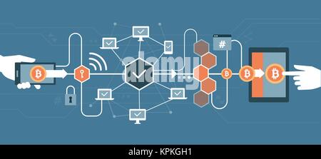 Bitcoin, cryptocurrency and blockchain technology: money transfer from one user to another and network validation Stock Vector