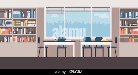 Vector of a modern library interior with bookshelves, desks and ...