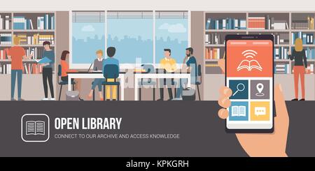 Group of people studying together at the library and mobile app on a touch screen smartphone Stock Vector