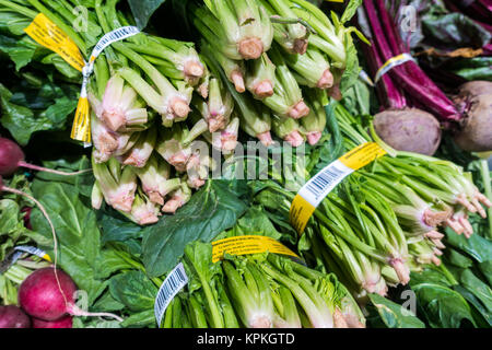Bunches of fresh spinach and beetroot in a Spanish supermarket