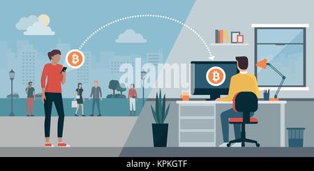 Woman sending bitcoins to another user's computer using a mobile app: cryptocurrency and money transfer concept Stock Vector