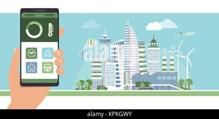 Sustainability, smart home and smart city management app on a mobile phone and conteporary green metropolis on the background Stock Vector