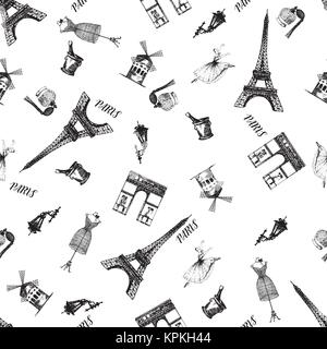 Seamless pattern of sketch style France themed objects. Vector illustration isolated on white background. Stock Vector