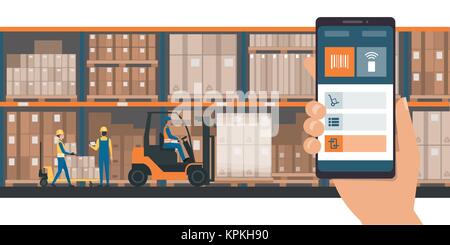 Warehousing and storage app on a smartphone, goods and boxes on shelves in the warehouse and team of workers Stock Vector