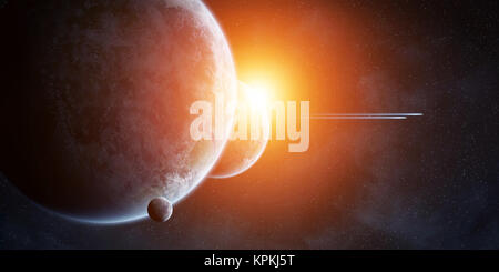 Sunrise over planets in space Stock Photo