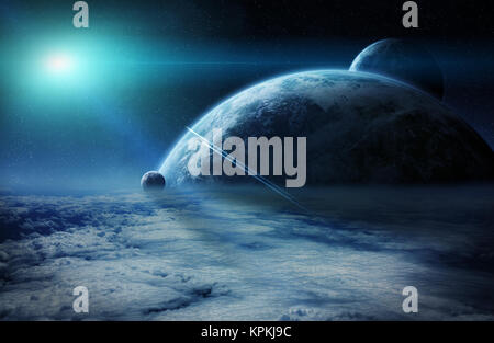 Sunrise over planets in space Stock Photo