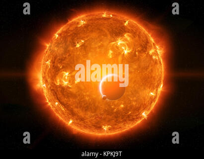 Exploding sun in space close to planet Earth and moon Stock Photo