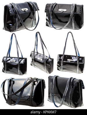 set from black patent leather ladies bag isolated Stock Photo