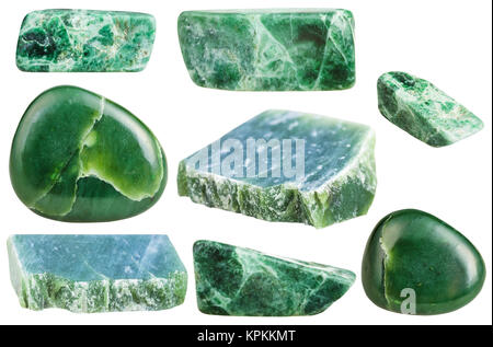 set of various green nephrite gemstones isolated Stock Photo