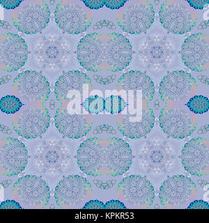 Abstract geometric seamless background. Floral circle and ellipses pattern, dreamy ornaments in lilac, pink and turquoise blue. Stock Photo