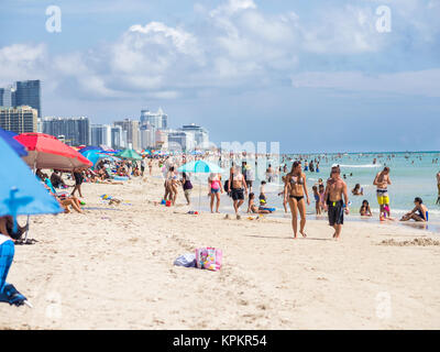 MIAMI, USA - SEPTEMBER 6, 2015. South Beach is a neighbourhood of Miami Beach, Florida. The white sand beach is visited by millions of tourists every y Stock Photo