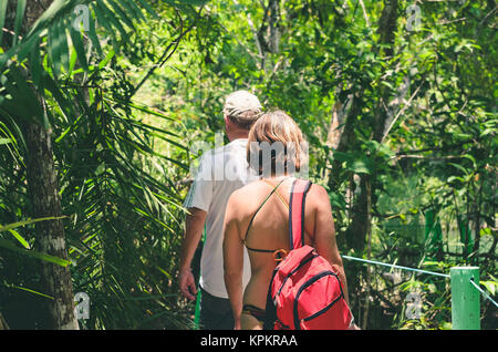 Tourists on a eco tour walking through a trail on the forest. Trail surrounded by nature on Bonito - MS, Brazil. Stock Photo