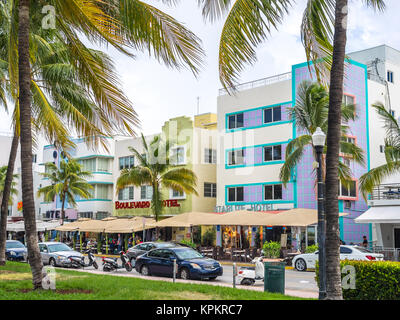 MIAMI BEACH, USA - SEPTEMBER 8, 2015. Art Deco hotels in the touristic avenue Ocean Drive, Miami Beach, Florida. Stock Photo