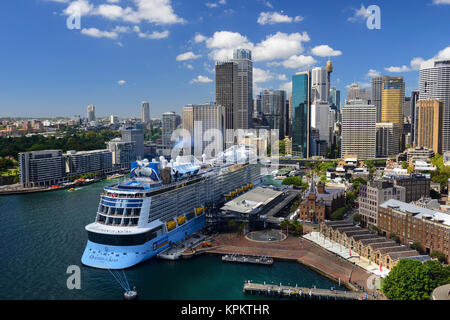 Elevated view of Circular Quay, The Rocks and Central Business District of Sydney from Harbour Bridge Lookout - Sydney, New South Wales, Australia Stock Photo