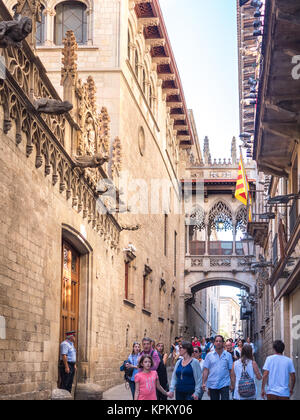 Barcelona, Spain - September 24, 2016. View of the Pont del Bisbe bridge crossing from the Generalitat's Palace to the Canon's House  in Barcelona, Sp Stock Photo