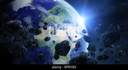 Red nebula in space with planet Earth Stock Photo