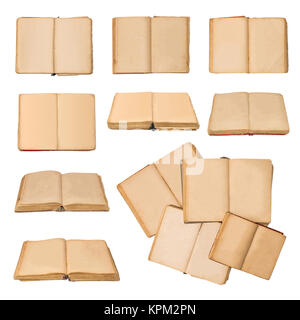 Set of open old books isolated, vintage book with blank yellow stained pages Stock Photo