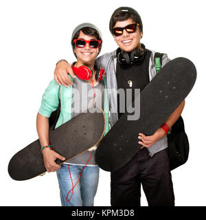 Two happy skateboarders Stock Photo