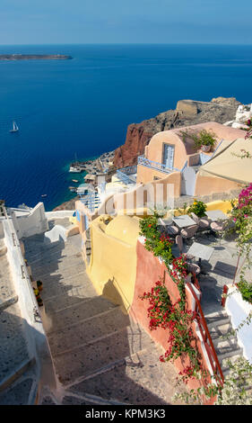 Red Bougainvillea in front of a typical Greek house in Oia village on Santorini island, Greece Stock Photo