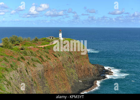 White Lighthouse and Blue Sea - A wide-angle view of Kilauea Lighthouse against Blue ocean and blue sky, Kauai, Hawaii, USA. Stock Photo