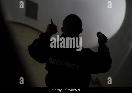 Security man, checks in the dark with flashlight Stock Photo