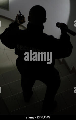 Security man, checks in the dark with flashlight Stock Photo