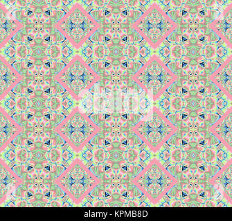 Abstract geometric seamless background. Ornate diamond pattern with elements in pink, mint green, ecru and blue. Stock Photo