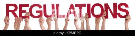 Many Caucasian People And Hands Holding Red Straight Letters Or Characters Building The Isolated English Word Regulations On White Background Stock Photo