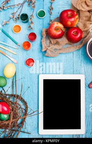 The top view of easter on wooden table office workplace Stock Photo