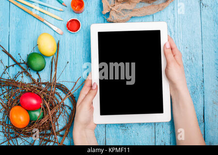 The top view of easter on wooden table office workplace Stock Photo